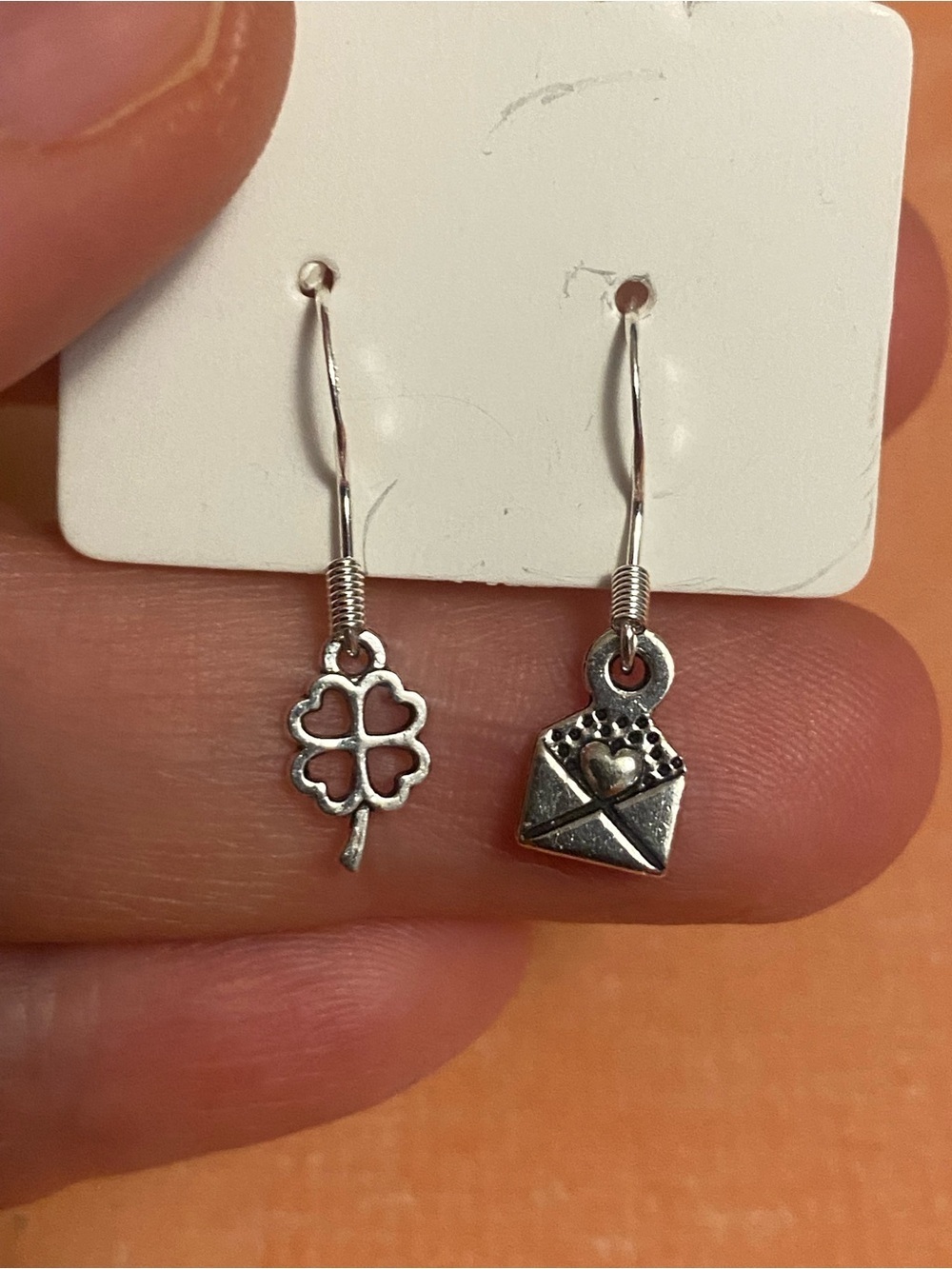 Silver Clover and Envelope Charm Drop Earrings